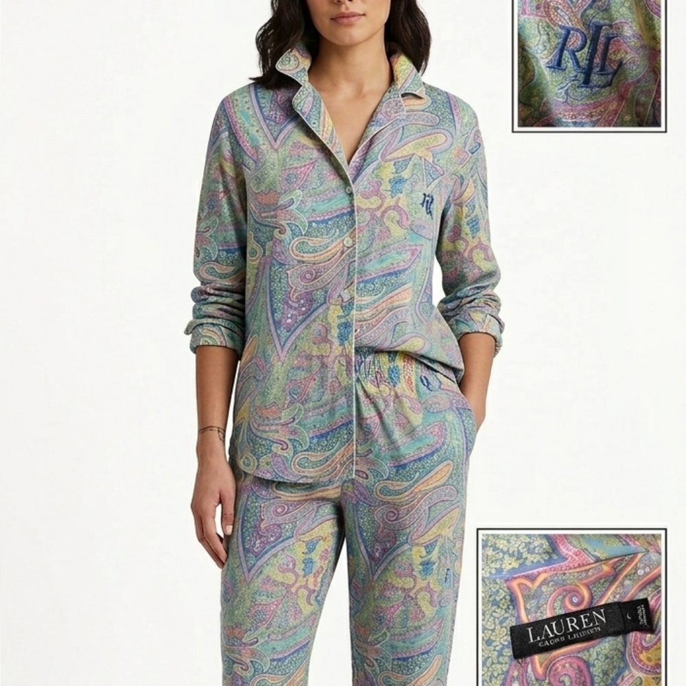 Lauren Ralph Lauren Pajama Style Blouse - Multicolor Paisley - Size L